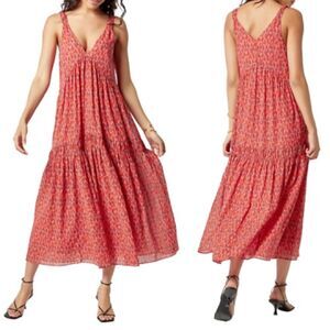 Joie Red Tea Rose Printed Bondi Tiered Cotton Summer Boho Midi Dress